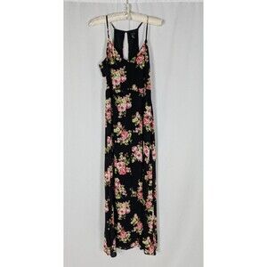 Forever 21 Dress M Women's Black Floral Vneck  Cut Out Sides Key Hole Back Maxi